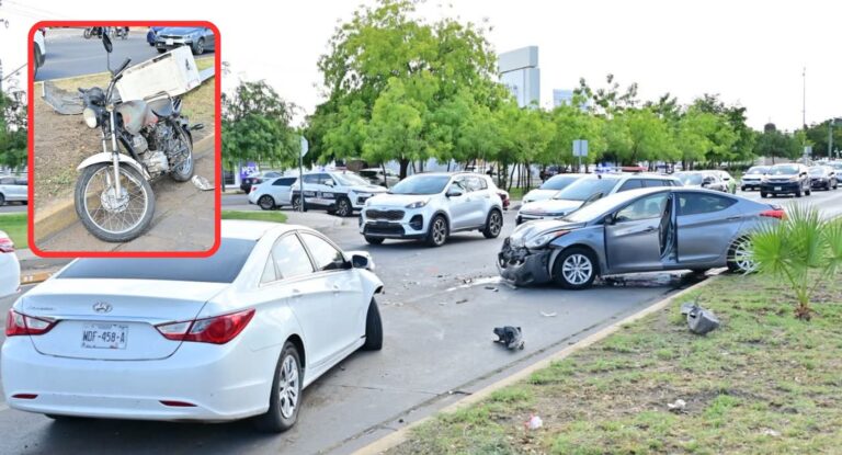 Choque múltiple en el poniente de Hermosillo deja motociclista herido y poste derribado