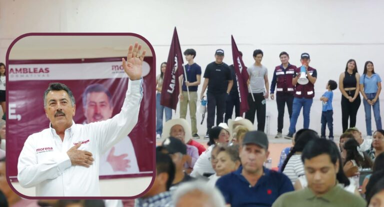 Javier Lamarque asiste a asamblea informativa en San Ignacio Río Muerto por proceso interno de Morena en Sonora