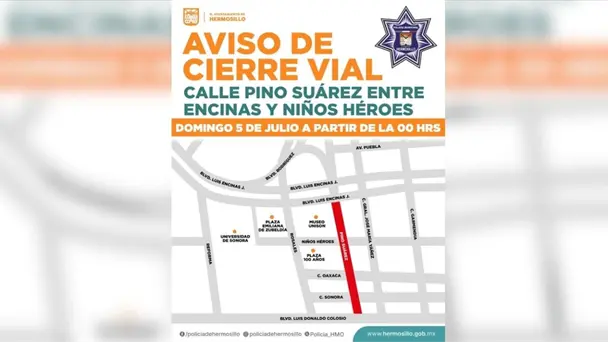 Cerrarán la calle Pino Suárez en Hermosillo este domingo por trabajos viales