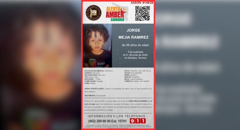 Alerta Amber activada en Navojoa por desaparición de niño de 5 años