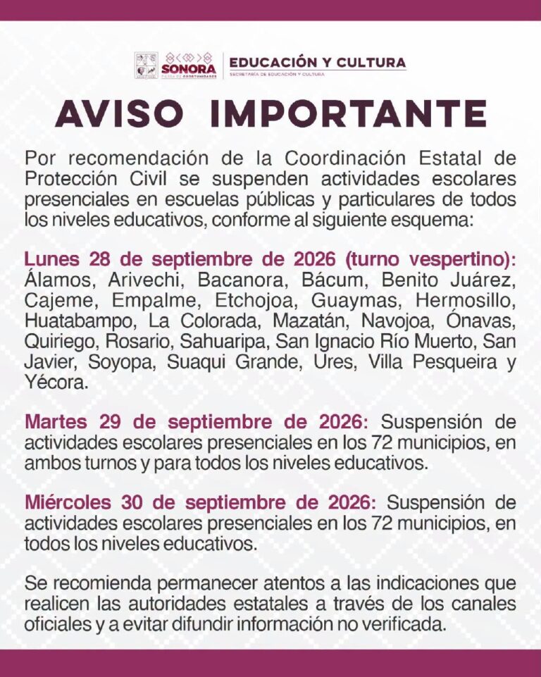 Suspenden actividades escolares presenciales en Sonora ante pronóstico de lluvias
