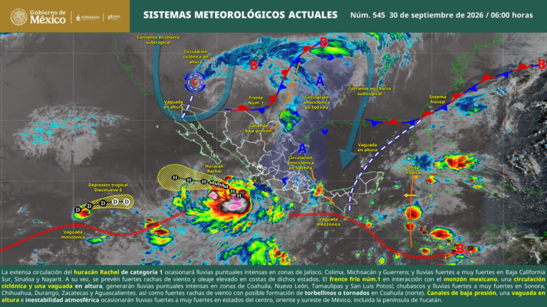 Huracán Rachel alcanza categoría 1 frente a costas del Pacífico mexicano