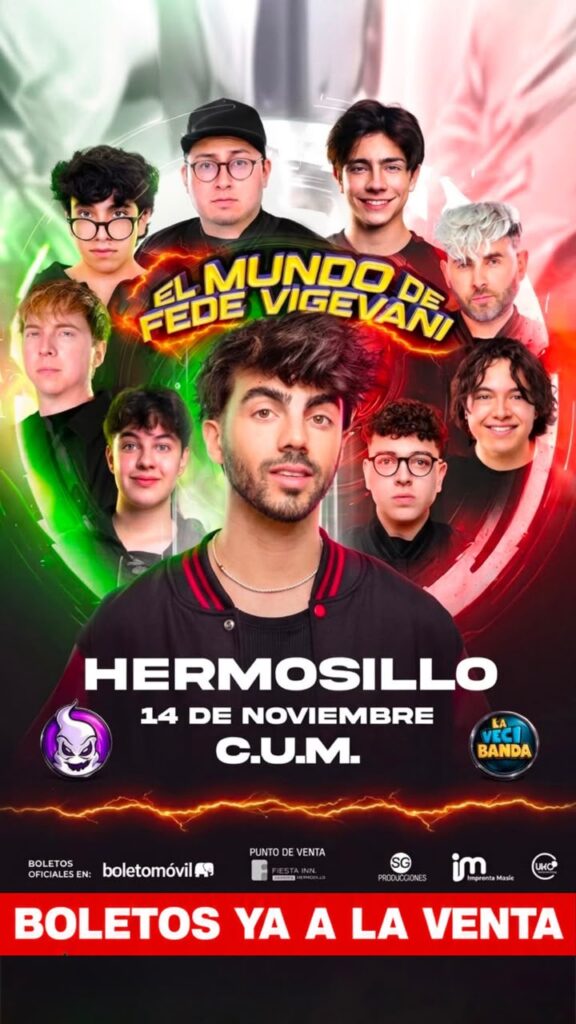 Cartel del espectáculo El Mundo de Fede Vigevani en Hermosillo, Sonora, el 14 de noviembre de 2026, con boletos disponibles en Boletomóvil.