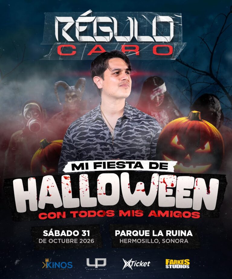 Régulo Caro invita a todo Sonora a su gran fiesta de Halloween en Hermosillo; Revólver Cannabis y Banda La 3 Ríos entre los invitados Cartel promocional de la fiesta de Halloween de Régulo Caro con Revólver Cannabis y Banda La 3 Ríos, el 31 de octubre en Parque La Ruina, Hermosillo.