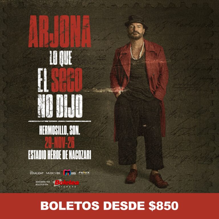 Ricardo Arjona anuncia concierto en Hermosillo el 29 de noviembre de 2026 en el Estadio Héroe de Nacozari, con boletos desde 850 pesos.